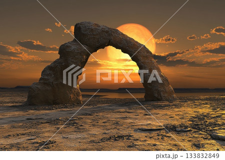 A large rock archway is in the foreground of a desert landscape. Concept of tranquility and solitude 133832849