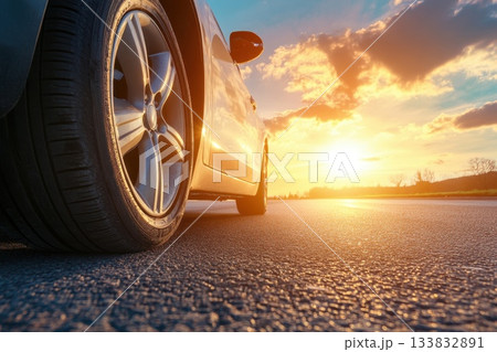 Car Driving Into Scenic Sunset with Focus on Wheel and Road Car Driving Into Scenic Sunset with Focus on Wheel and Road 133832891