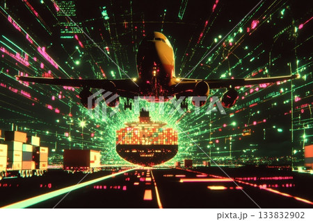 Futuristic Airplane Flying Over Digital Map Projection with Cargo 133832902