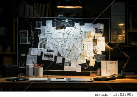 Detective Office Crime Board with Maps and Evidence in Dim Light Detective Office Crime Board with Maps and Evidence in Dim Light 133832905