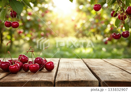 A bunch of red cherries are on a wooden table A bunch of red cherries are on a wooden table 133832907