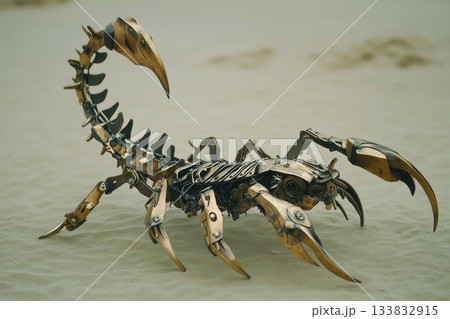 A creepy looking robot scorpion is sitting on the sand A creepy looking robot scorpion is sitting on the sand 133832915