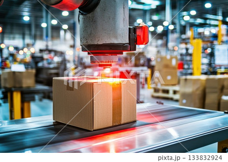 Close-up of Package Being Scanned by Robotic System in Warehouse Environment Close-up of Package Being Scanned by Robotic System in Warehouse Environment 133832924