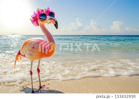 Fashionable Flamingo with Floral Lei and Sunglasses by the Bright Ocean Waves 133832930