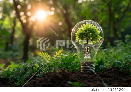 Conceptual Light Bulb with Green Tree Inside Set in Lush Nature Environment at Sunset 133832944