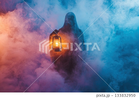 A ghostly figure is holding a lantern in a misty, blue and purple atmosphere 133832950