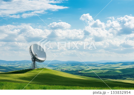 Satellite Dish on Lush Green Landscape Under Bright Sky with Soft Clouds and Mountains 133832954