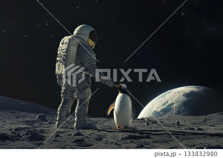 Astronaut Interacting with Penguin on the Lunar Surface Under a Starry Sky 133832980