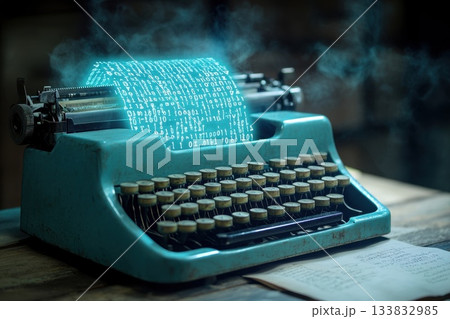 Retro Typewriter Transforming Digital Code into Glowing Print 133832985