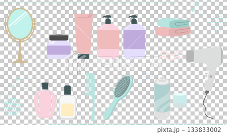 Hair care product illustration set: tabletop mirror, shampoo, hair dryer, etc. 133833002