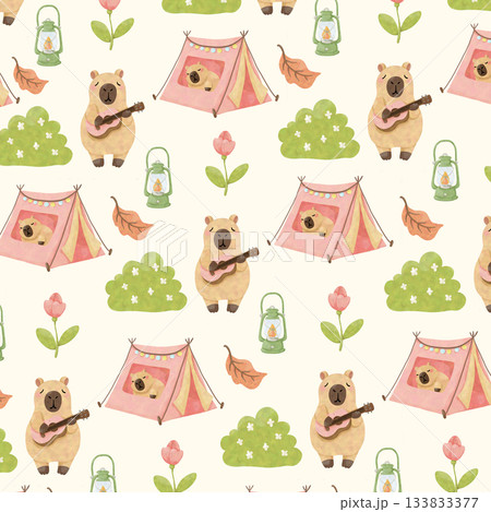 seamless pattern with capybara camping 133833377