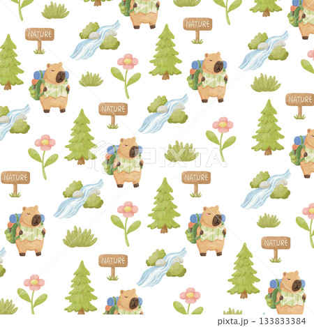 seamless pattern with capybara camping 133833384