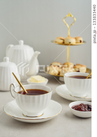 English Afternoon Tea  in elegant white porcelain cups 133833440