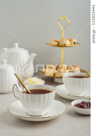 English Afternoon Tea  in elegant white porcelain cups 133833441