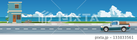 Landscape banner pickup trucks driving on the road asphalt road. Convenience store prominently located on the roadside with concrete seawalls. Vast blue sea in summer. Under blue sky and white clouds. 133833561