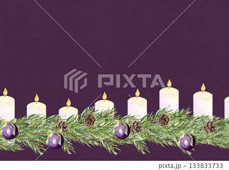 Pine branches garland with candles, cones, ornaments, glowing lights. Watercolor seamless border on purple background ideal for Christmas cards, posters, Advent, scrapbooking, festive decorations Pine branches garland with candles, cones, ornaments, glowing lights. Watercolor seamless border on purple background ideal for Christmas cards, posters, Advent, scrapbooking, festive decorations 133833733
