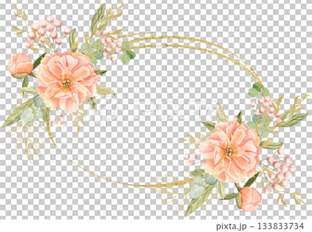 Watercolor floral frame with soft peach peonies, eucalyptus, berries, and gold oval accents, isolated on white. Ideal for wedding invitations, branding, stationery, elegant decorative design projects 133833734