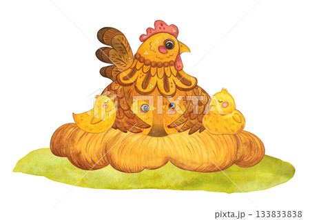 A composition with a hen and chicks in a nest. Hand-drawn watercolor illustration, cartoon. Farm,animals, bird, village, poultry farm, domestic, poultry, rooster, cute, meadow, bird, beak, kid, animal 133833838