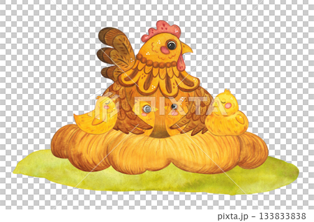 A composition with a hen and chicks in a nest. Hand-drawn watercolor illustration, cartoon. Farm,animals, bird, village, poultry farm, domestic, poultry, rooster, cute, meadow, bird, beak, kid, animal 133833838
