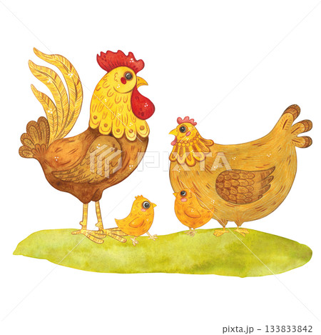 A composition with a hen, chicks, and a rooster. Hand-drawn watercolor illustration, cartoon. Farm, animals, bird, village, poultry farm, kids, animal, bird, beak, flower, green, livestock, rural A composition with a hen, chicks, and a rooster. Hand-drawn watercolor illustration, cartoon. Farm, animals, bird, village, poultry farm, kids, animal, bird, beak, flower, green, livestock, rural 133833842