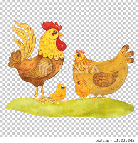 A composition with a hen, chicks, and a rooster. Hand-drawn watercolor illustration, cartoon. Farm, animals, bird, village, poultry farm, kids, animal, bird, beak, flower, green, livestock, rural A composition with a hen, chicks, and a rooster. Hand-drawn watercolor illustration, cartoon. Farm, animals, bird, village, poultry farm, kids, animal, bird, beak, flower, green, livestock, rural 133833842