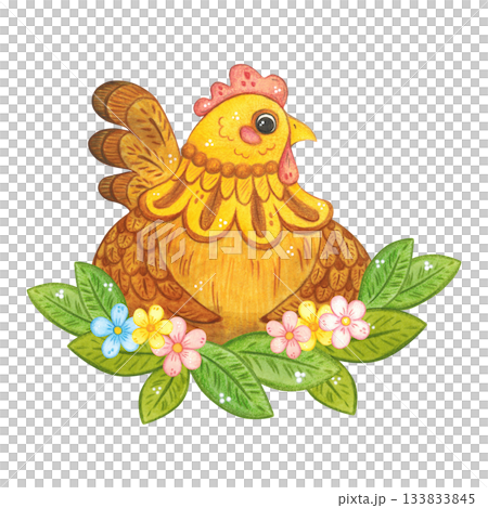Brown chicken among green leaves and flowers. Hand-drawn watercolor illustration, cartoon. Farm, animals, bird, village, poultry farm, holiday, children, Easter, eggs Brown chicken among green leaves and flowers. Hand-drawn watercolor illustration, cartoon. Farm, animals, bird, village, poultry farm, holiday, children, Easter, eggs 133833845