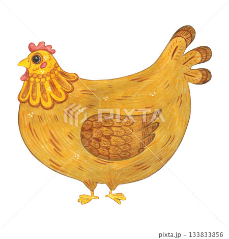 Brown chicken, side view. Hand-drawn watercolor illustration, cartoon. Farm, animals, bird, village, poultry farm, children, Easter, eggs, meat, product, eco-friendly Brown chicken, side view. Hand-drawn watercolor illustration, cartoon. Farm, animals, bird, village, poultry farm, children, Easter, eggs, meat, product, eco-friendly 133833856