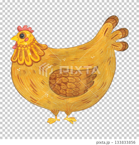 Brown chicken, side view. Hand-drawn watercolor illustration, cartoon. Farm, animals, bird, village, poultry farm, children, Easter, eggs, meat, product, eco-friendly Brown chicken, side view. Hand-drawn watercolor illustration, cartoon. Farm, animals, bird, village, poultry farm, children, Easter, eggs, meat, product, eco-friendly 133833856