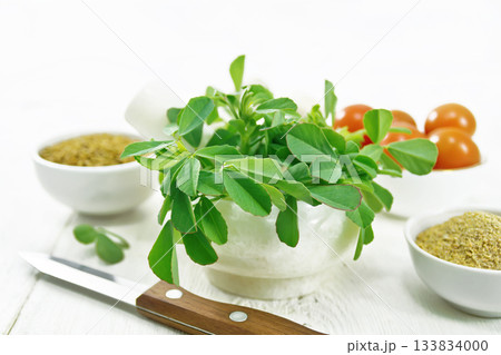 Fenugreek green in mortar on board 133834000