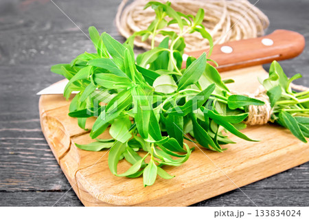 Hyssop fresh with twine on board 133834024