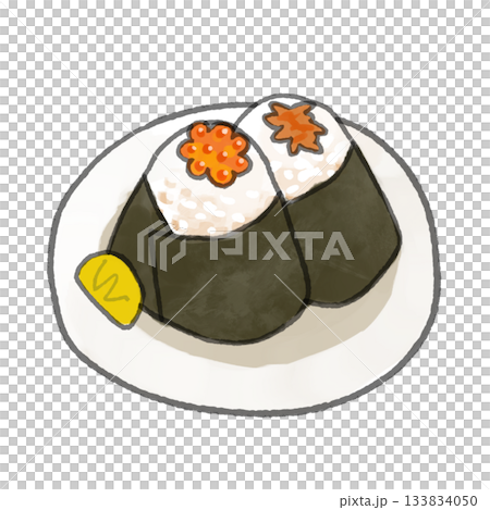水彩風格的餐盤插圖，描繪了一個米飯團，裡麵包裹著鮭魚籽和鮭魚餡料，隱約可見。 133834050