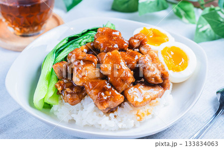 煮込み豚肉をご飯にのせた台湾風ルーローハンの盛り付け 煮込み豚肉をご飯にのせた台湾風ルーローハンの盛り付け 133834063