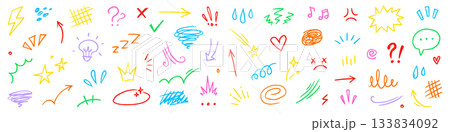 Cartoon chalk star, comic expression elements. Hand drawn cute doodle line motion effect arrow, emphasis, angry emotion, sparkle movement. Cartoon emoticon mark crayon icon. Vector Cartoon chalk star, comic expression elements. Hand drawn cute doodle line motion effect arrow, emphasis, angry emotion, sparkle movement. Cartoon emoticon mark crayon icon. Vector 133834092