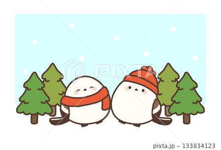 シマエナガと針葉樹の冬のイラスト（雪） 133834123