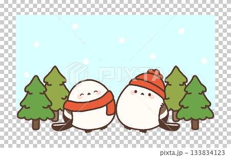 シマエナガと針葉樹の冬のイラスト（雪） 133834123