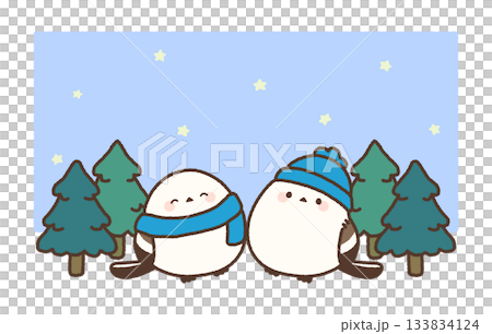 冬季插圖：長尾山雀與針葉林（星空） 133834124