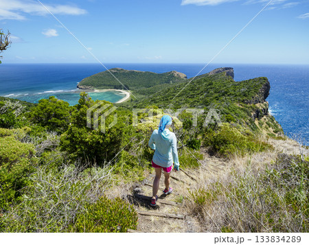 Rear view of woman hiking on Lord Howe Island Rear view of woman hiking on Lord Howe Island 133834289