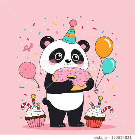 Party Panda with Donut and Cupcakes 133834821
