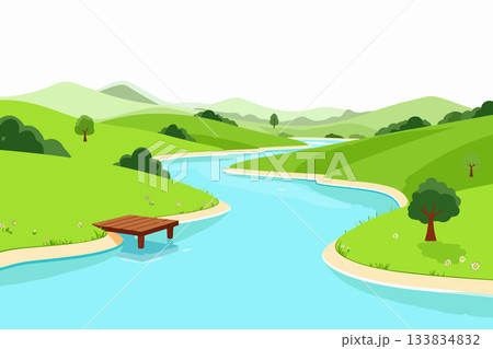 Scenic River Landscape with Wooden Dock Scenic River Landscape with Wooden Dock 133834832
