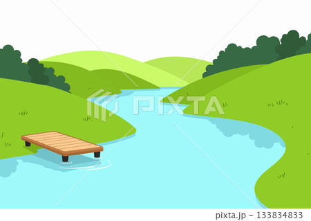 Scenic River Landscape with Wooden Dock 133834833