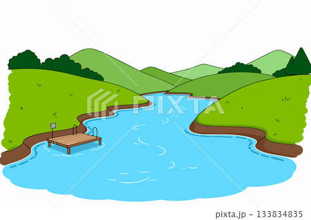 Scenic River Landscape with Wooden Dock Scenic River Landscape with Wooden Dock 133834835