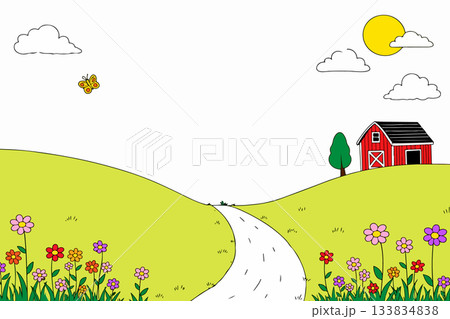 Cartoon Landscape with Barn and Flowers 133834838