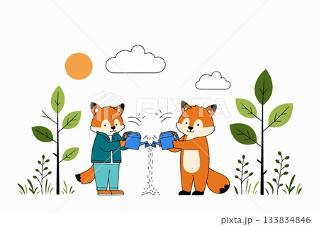 Foxes Watering Plants 133834846