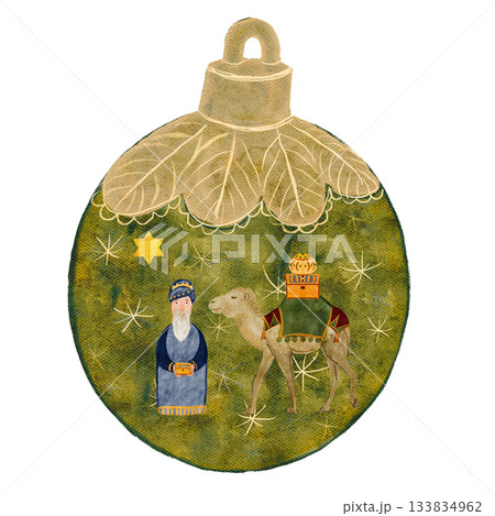 Christmas ornament ball with magi, gifts and camel isolated on white in watercolor. Illustration for textile, cards, Christmas, new year, invitations, posters, stickers, posters, totes decor. Nativity 133834962