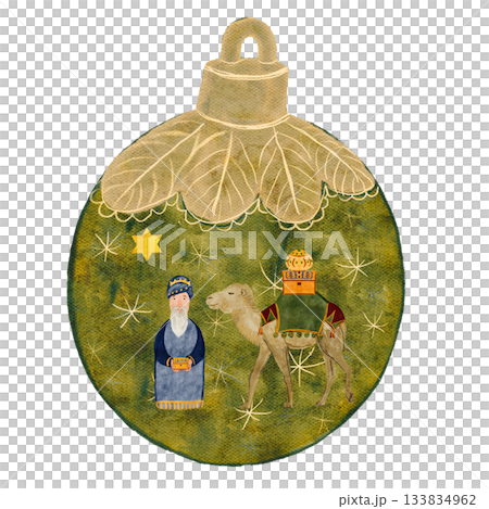 Christmas ornament ball with magi, gifts and camel isolated on white in watercolor. Illustration for textile, cards, Christmas, new year, invitations, posters, stickers, posters, totes decor. Nativity 133834962