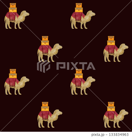 Camel with saddle blankets, golden chests Christmas gifts watercolor illustration. Hand painted seamless pattern on black for cards, posters, stickers, tape, decoration for celebration of Christmas 133834963