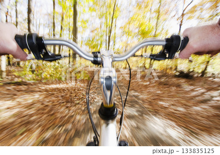 Cyclists view of ride in autumn woods Cyclists view of ride in autumn woods 133835125