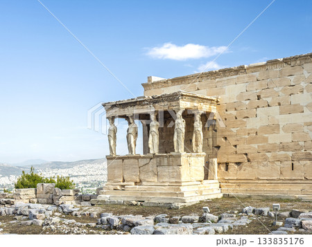 Erchtheion temple on Acropolis Hill showing Porch of Caryatids Erchtheion temple on Acropolis Hill showing Porch of Caryatids 133835176