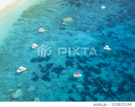 High angle view of small boats at anchor near Paradise Beach  133835184