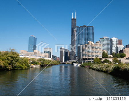 Commercial and residential buildings and Chicago river 133835186